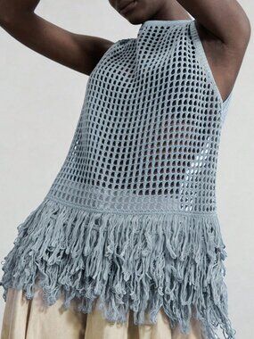 Blue Boho Casual Women's Sweater Dress Sleeveless Tassel Hem Knit Tank Top